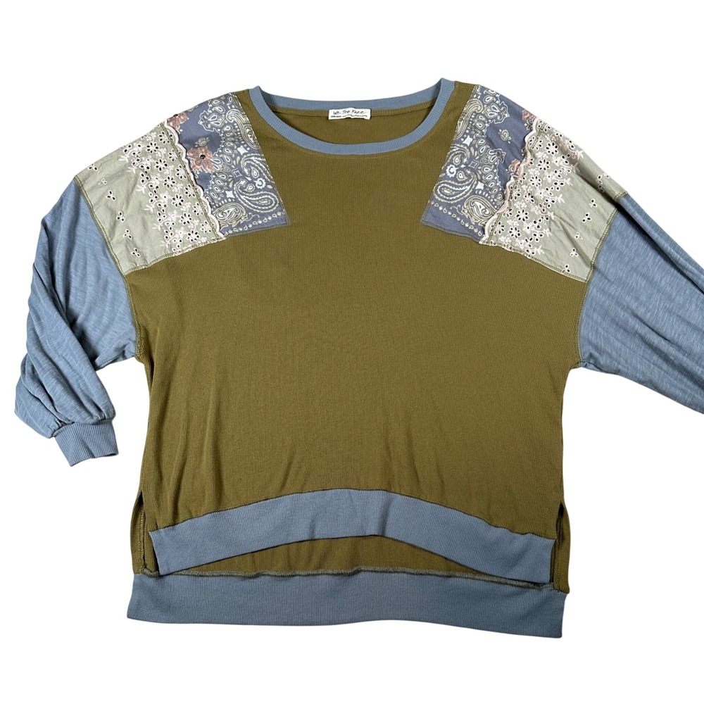 Free People We The Free XS Olive Green Patchwork Eyelet Thermal Top Feelin‎ It